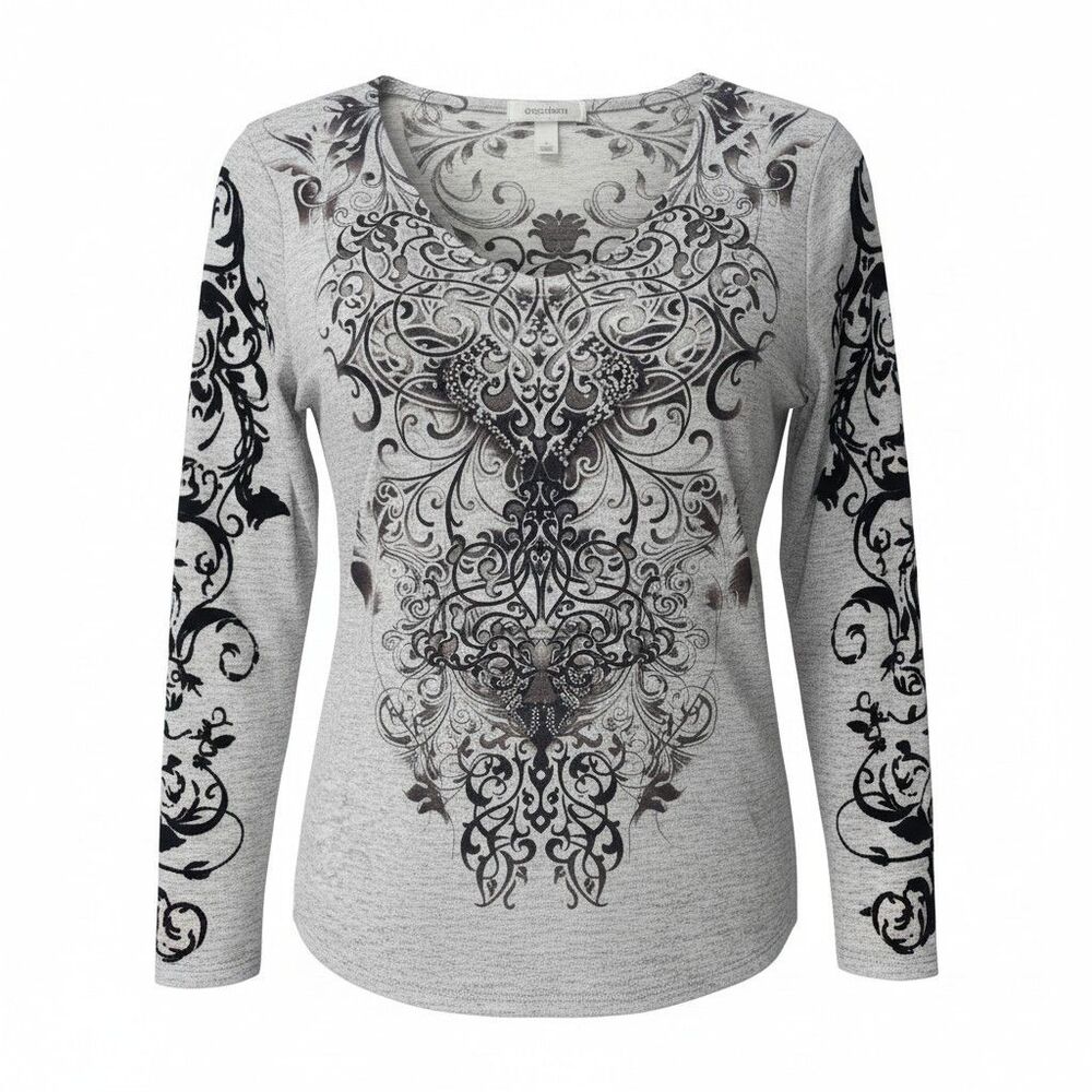 Dressbarn Gothic Scroll Work T-Shirt Womens L Gray Black Tribal Fairy Grunge - Picture 2 of 12